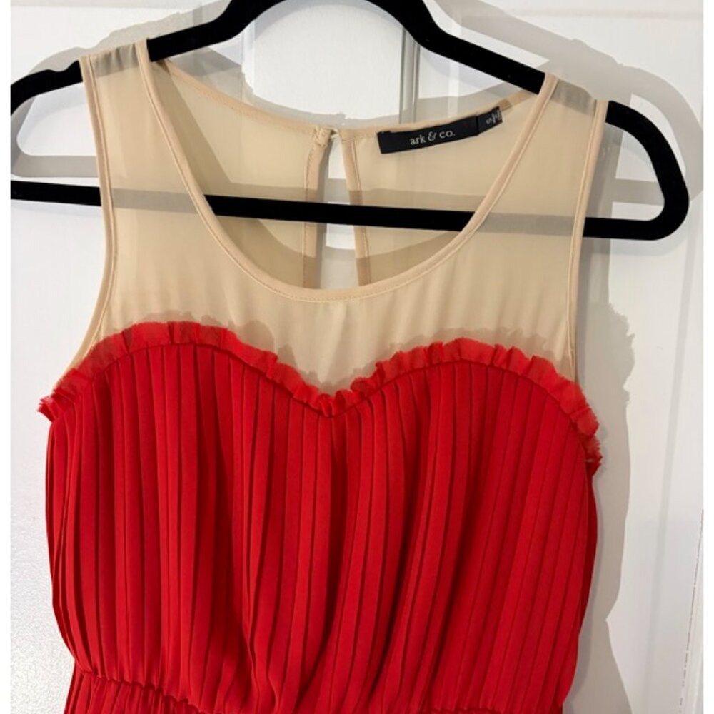 Ark & Co Red Pleated Dress with Nude Sheer Yoke